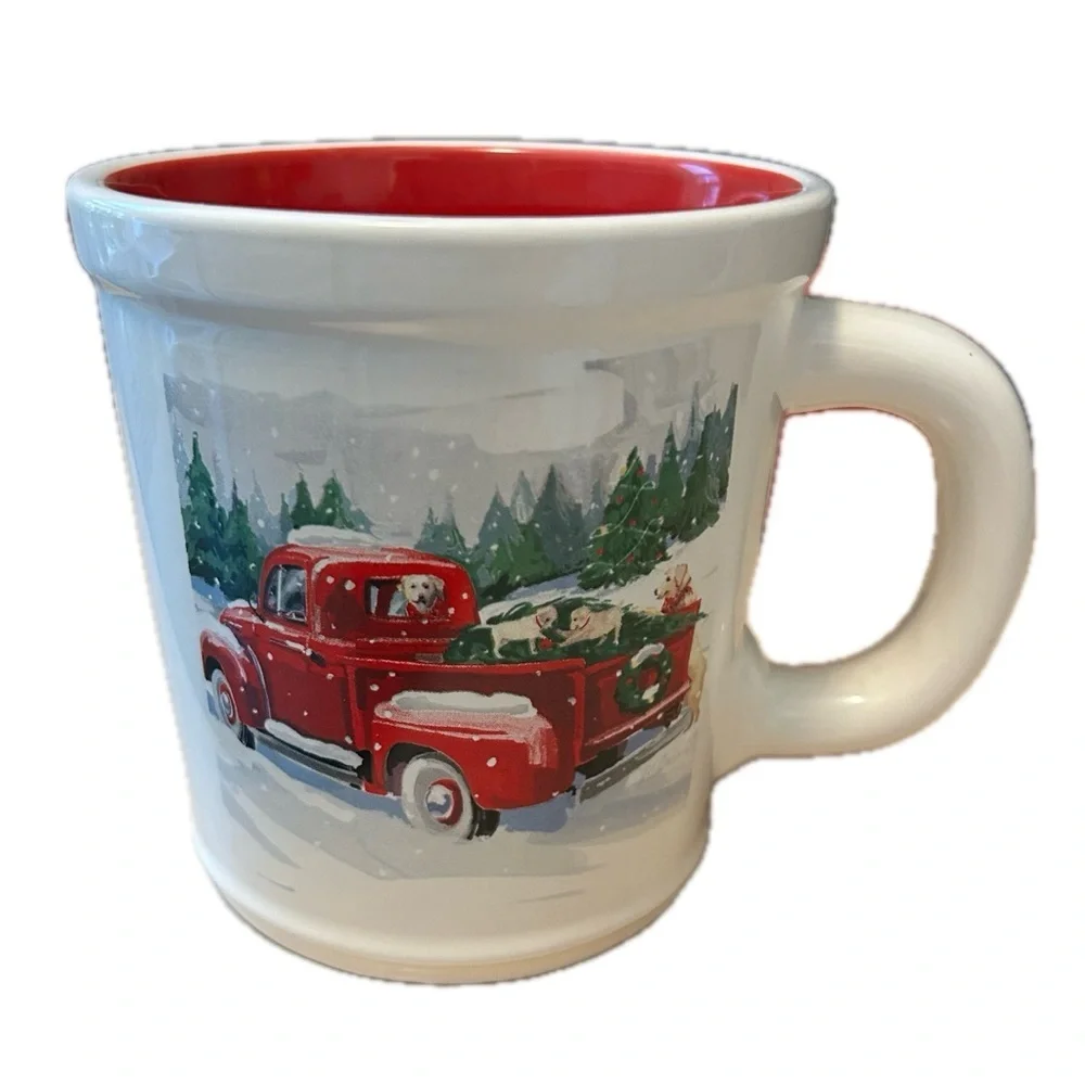 Magenta Large Mug Holiday Christmas Truck Tree Dogs white red green coffee tea